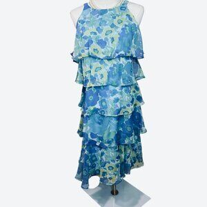 Blue Floral Tiered midi dress flowy  and feminine.  SZ:8